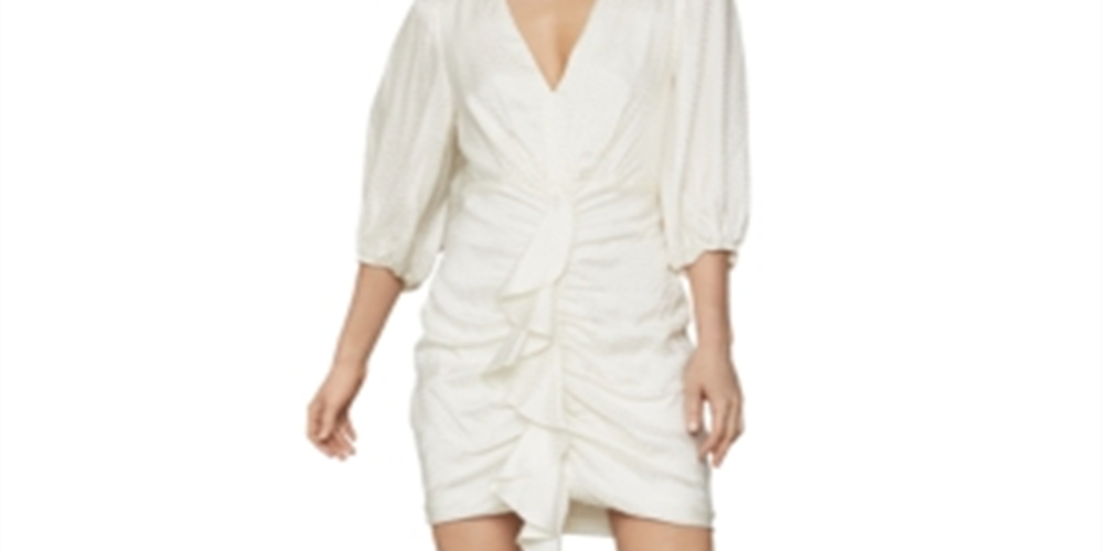 BCBGMAXAZRIA Vestido curto feminino de cetim pontilhado com babados e mangas compridas, decote em V, branco, tamanho 8