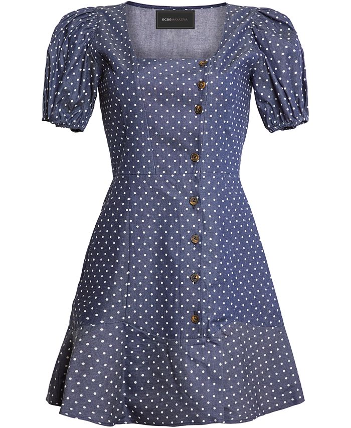 BCBGMAXAZRIA Vestido curto feminino com manga bufante e ajuste evasê, azul, tamanho X-S