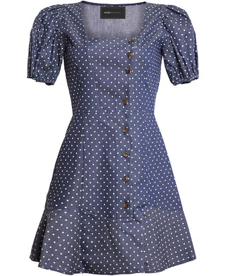BCBGMAXAZRIA Vestido curto feminino com manga bufante e ajuste evasê, azul, tamanho X-S