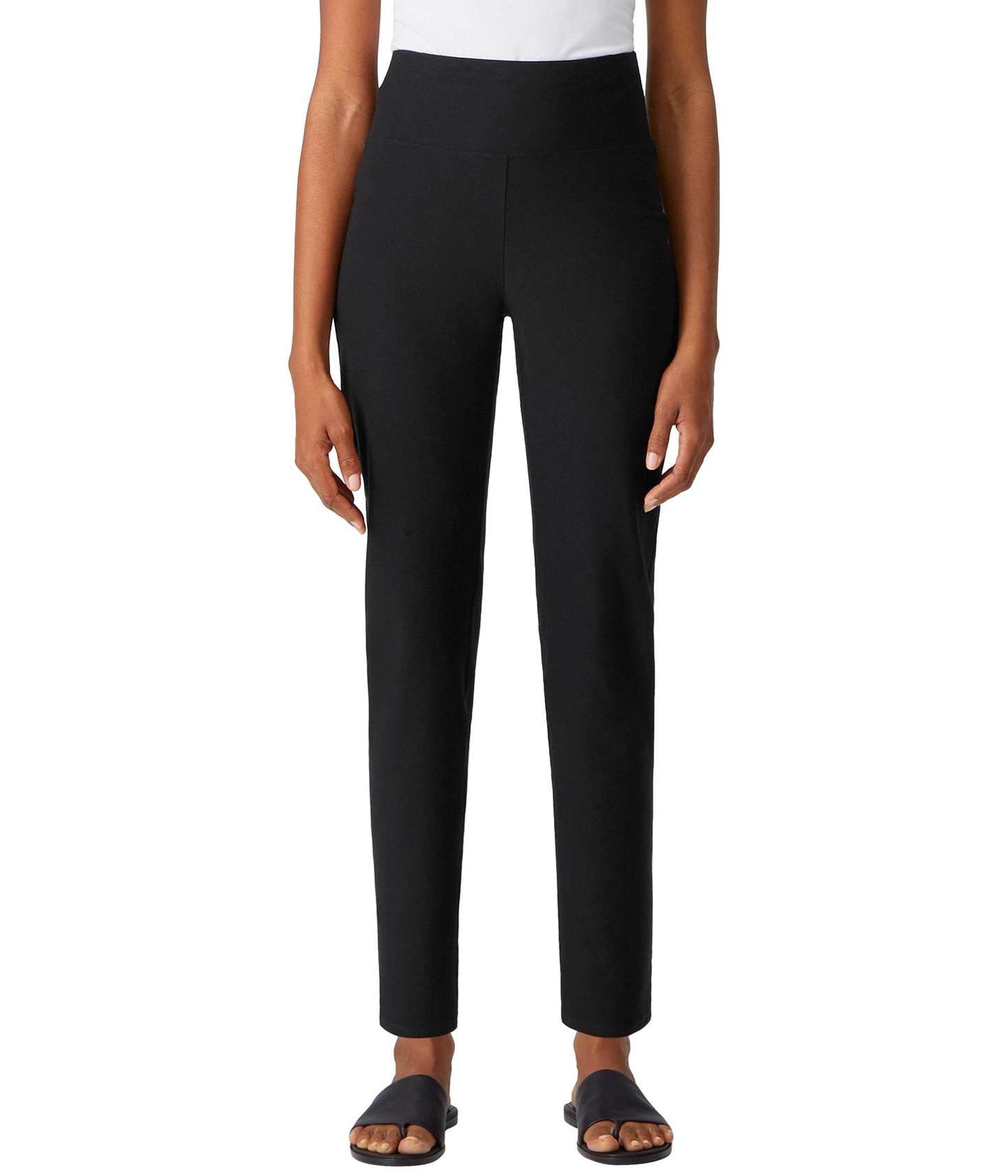 Eileen Fisher High-Waisted Slim Ankle Pants w/Wide Yoke in Washable Stretch Crepe Black SM