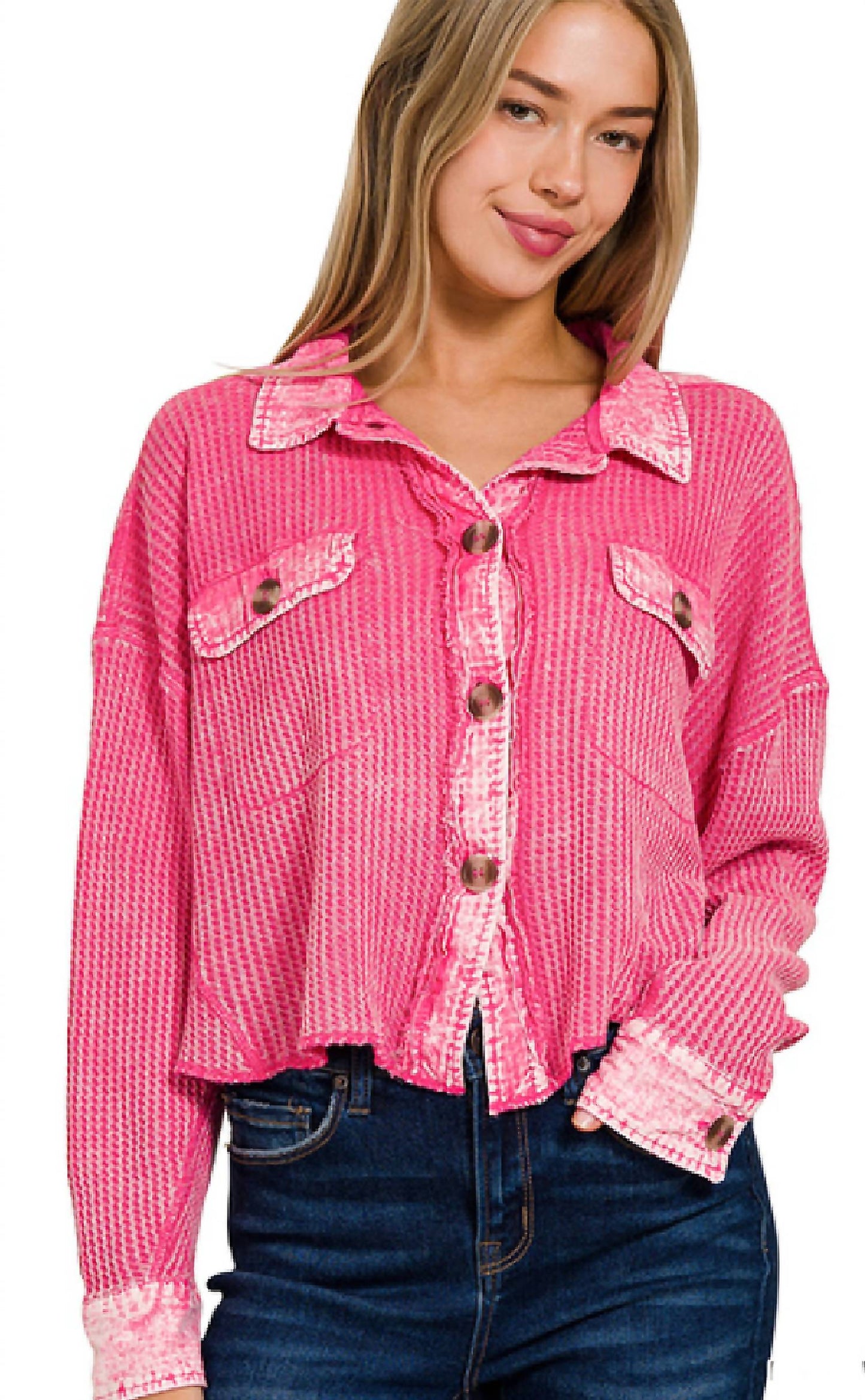 Zenana - Acid Wash Waffle Knit Crop Shacket