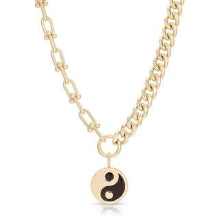 Eklexic - Colar feminino de corrente dupla com pingente grande de esmalte Yin Yang
