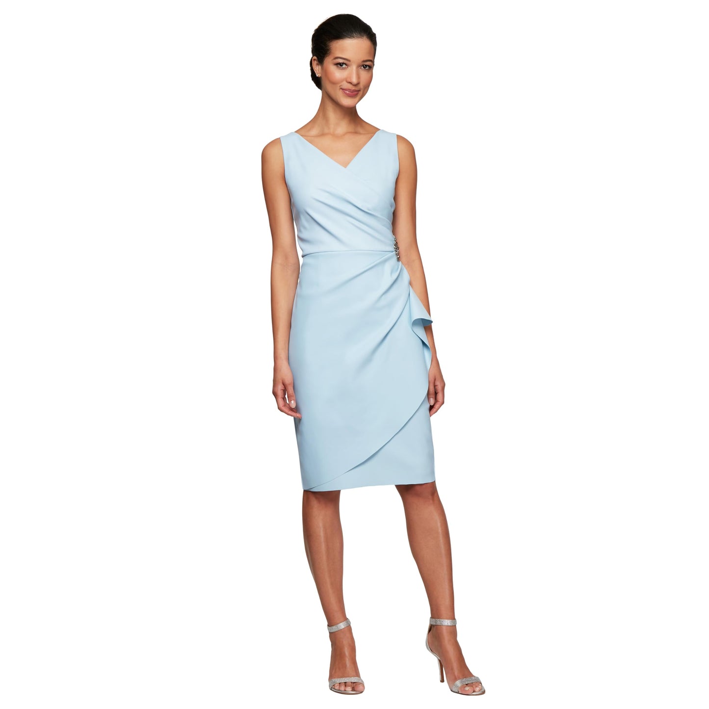Alex Evenings Women's Slimming Short Ruched Dress with Ruffle (Petite and Regular), Light Blue, 8