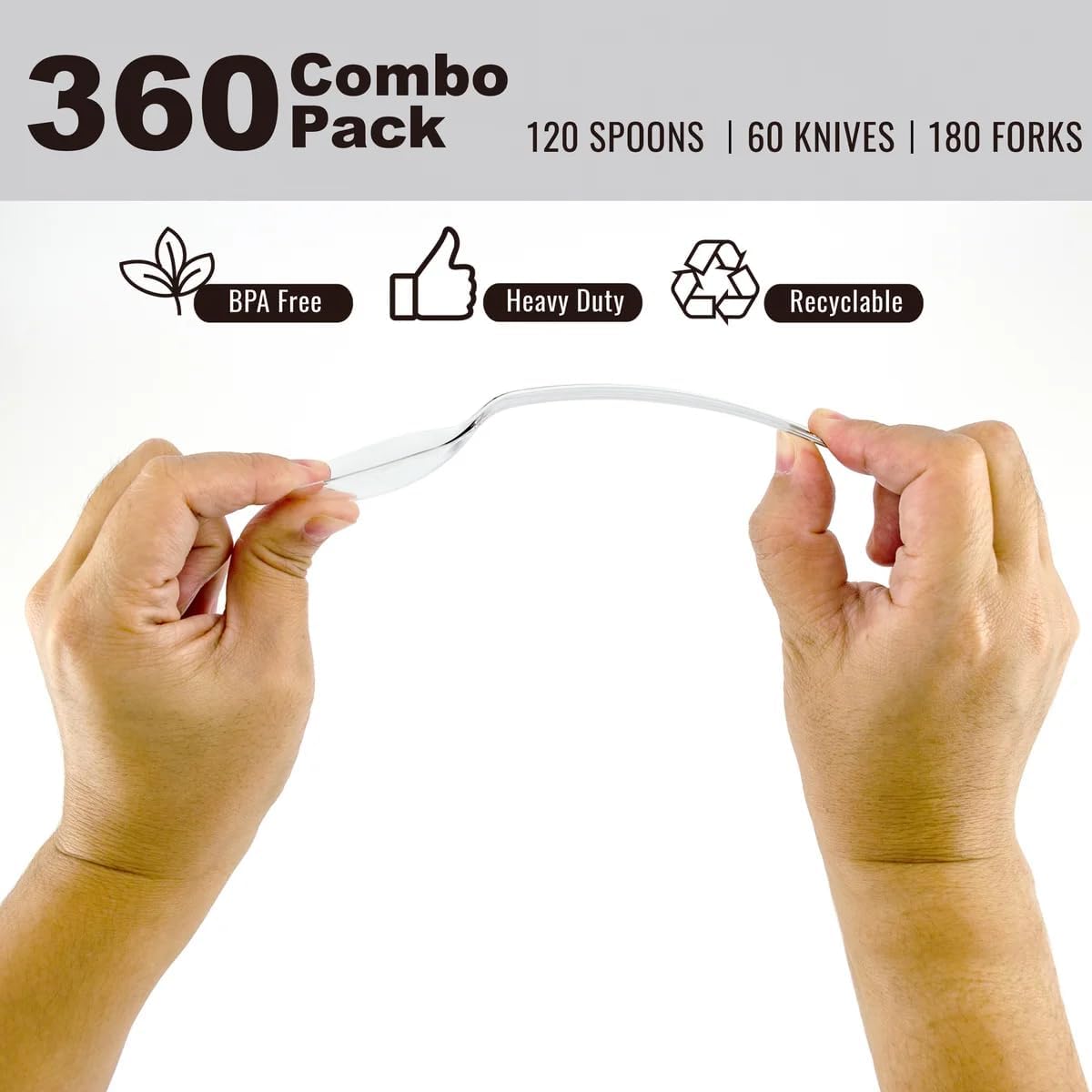 Conjunto de talheres descartáveis ​​transparentes - 360 peças: 180 garfos, 120 colheres, 60 facas 