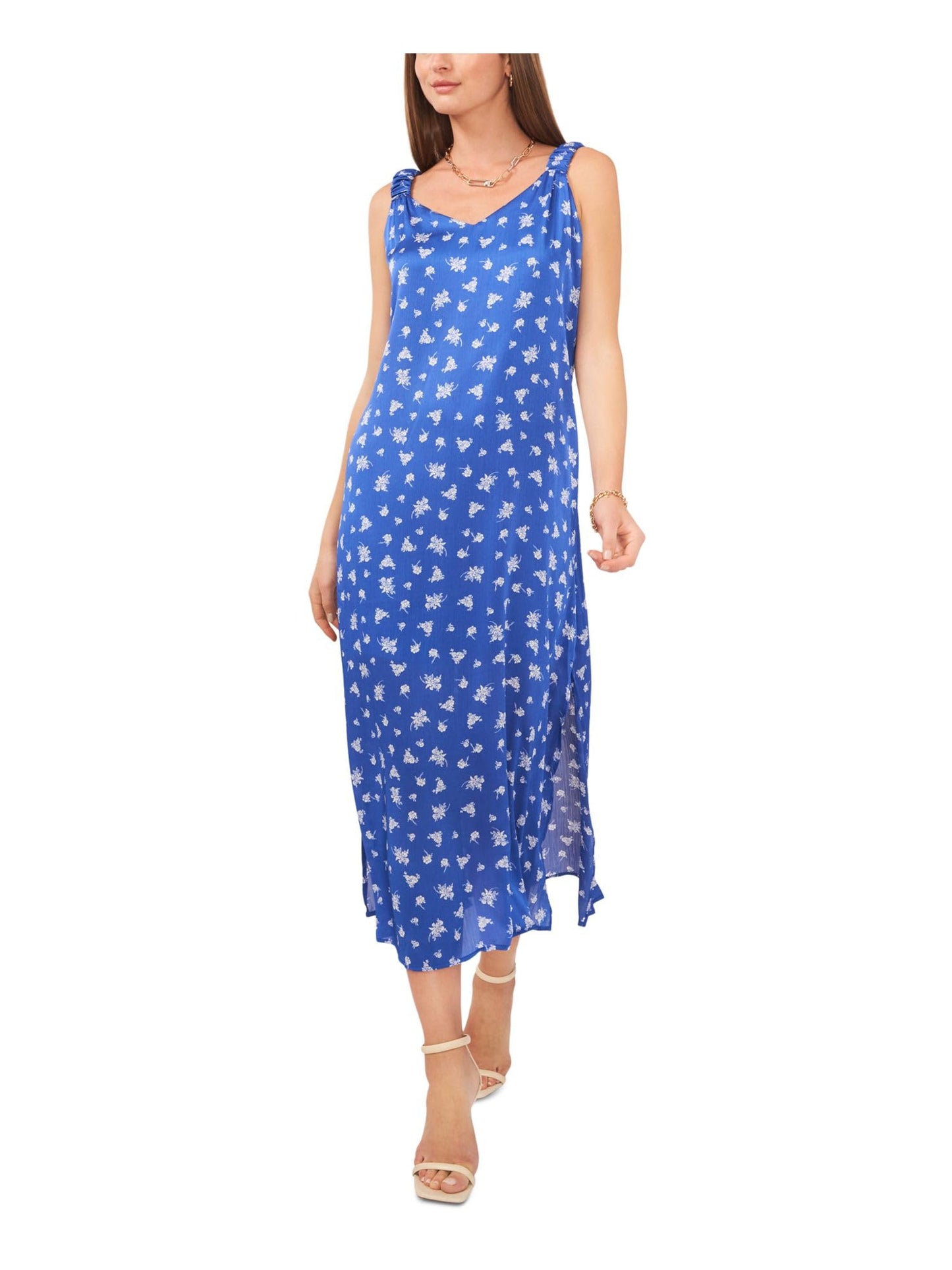 Vince Camuto Womens Blue Sheer Slitted Floral Sleeveless V Neck Tea-Length Shift Dress XS
