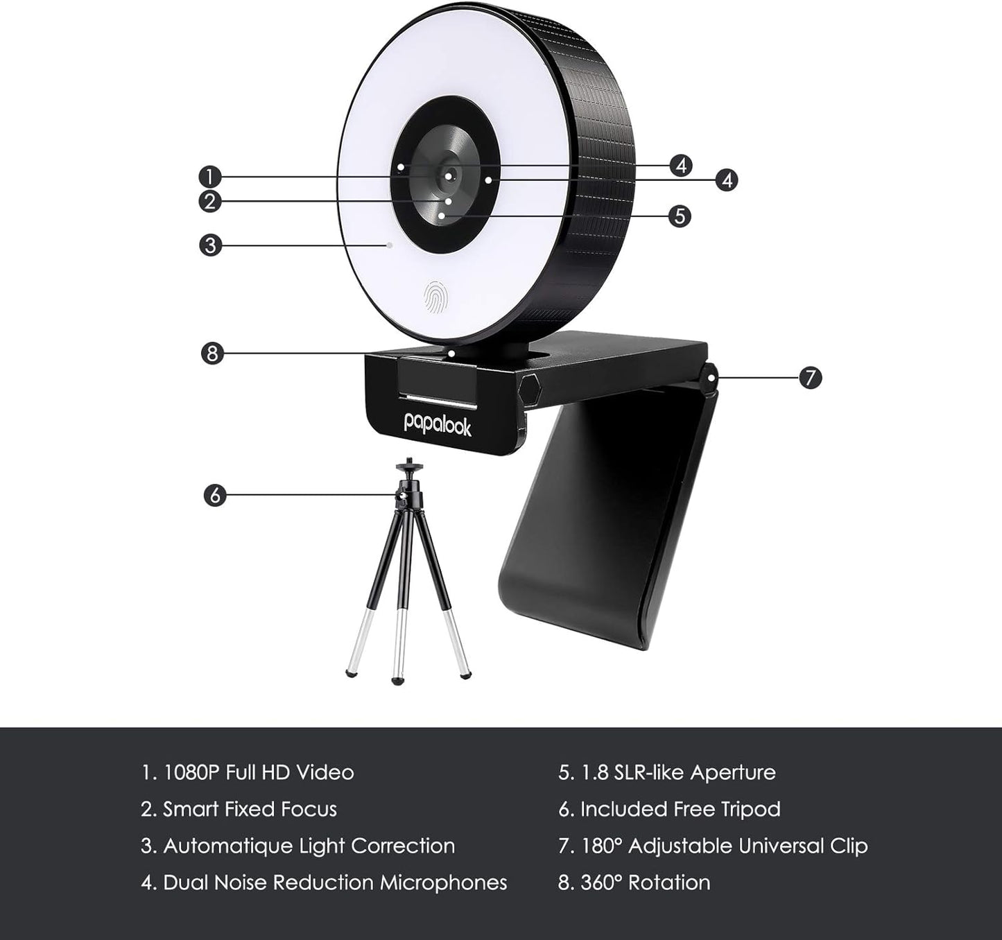 Webcam PAPALOOK PA552 para transmissão ao vivo com anel de luz
