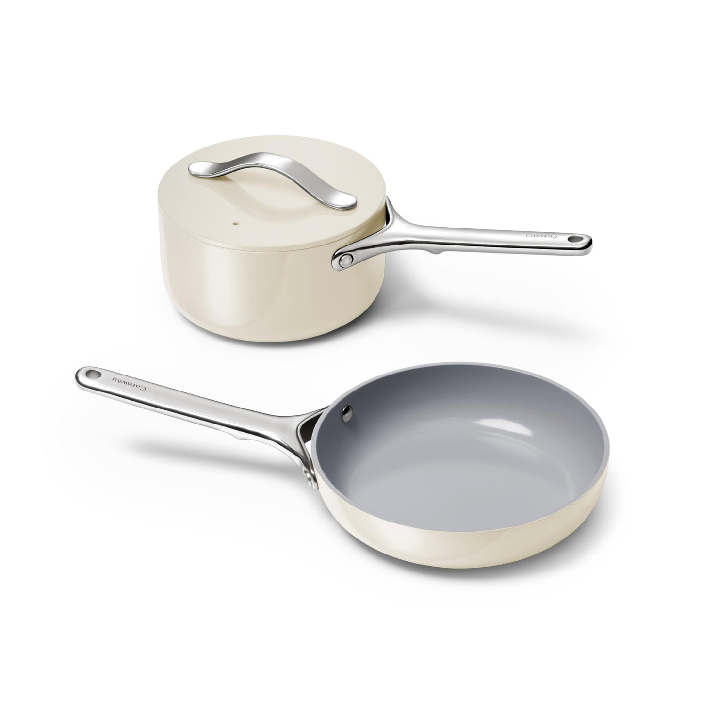 Caraway Mini Cookware Set  NonStick Ceramic Fry Pan 105 qt 8 Sauce Pan 175 qt  Storage Rack  Non Toxic PTFE  PFOA Free  Oven Safe  Stovetop Agnostic Gas Electric  Induction  Cream