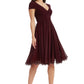Dress the Population Womens Corey Plunging Mix Media Cap Sleeve A-line Midi Dress, Burgundy, X-Small US