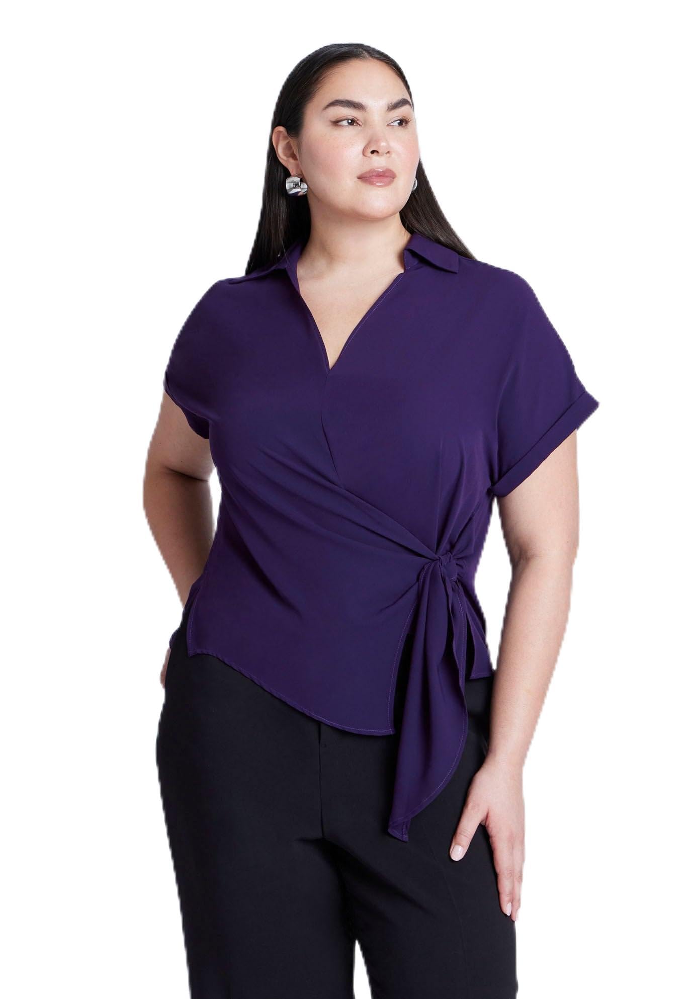 ELOQUII Women's Plus Size Short Sleeve Collared Top with Waist Tie - 18, Plum Purple