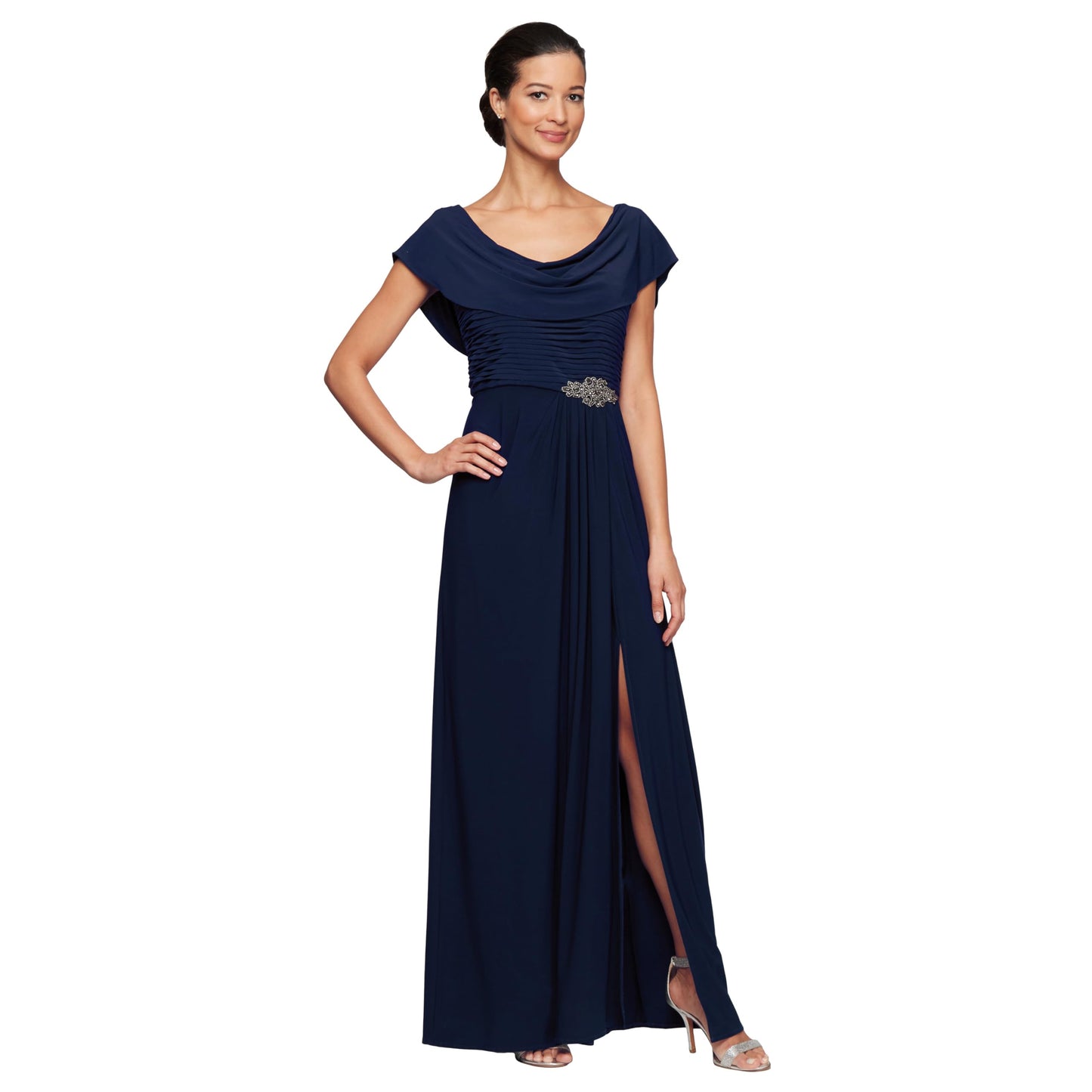 Alex Evenings Women's Long Cowl Neckline Mother of The Bride Dress, Formal Event Gown (Petite and Regular Sizes), Navy, 8