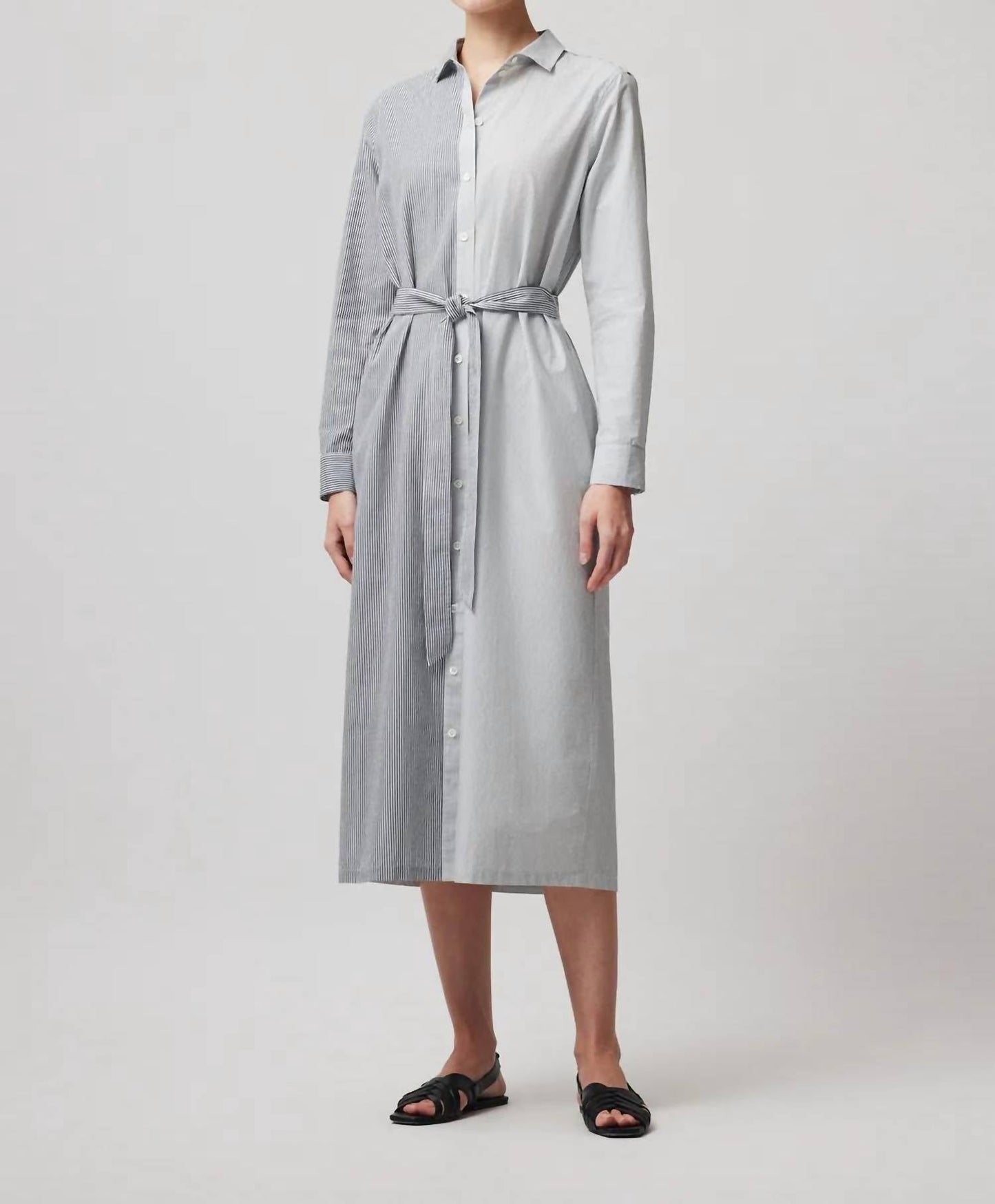 Atm - Mixed Stripe Shirting Belted Shirt Dress