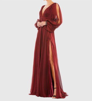 Mac Duggal - Vestido de chiffon com decote em V e corte A, punhos com contas
