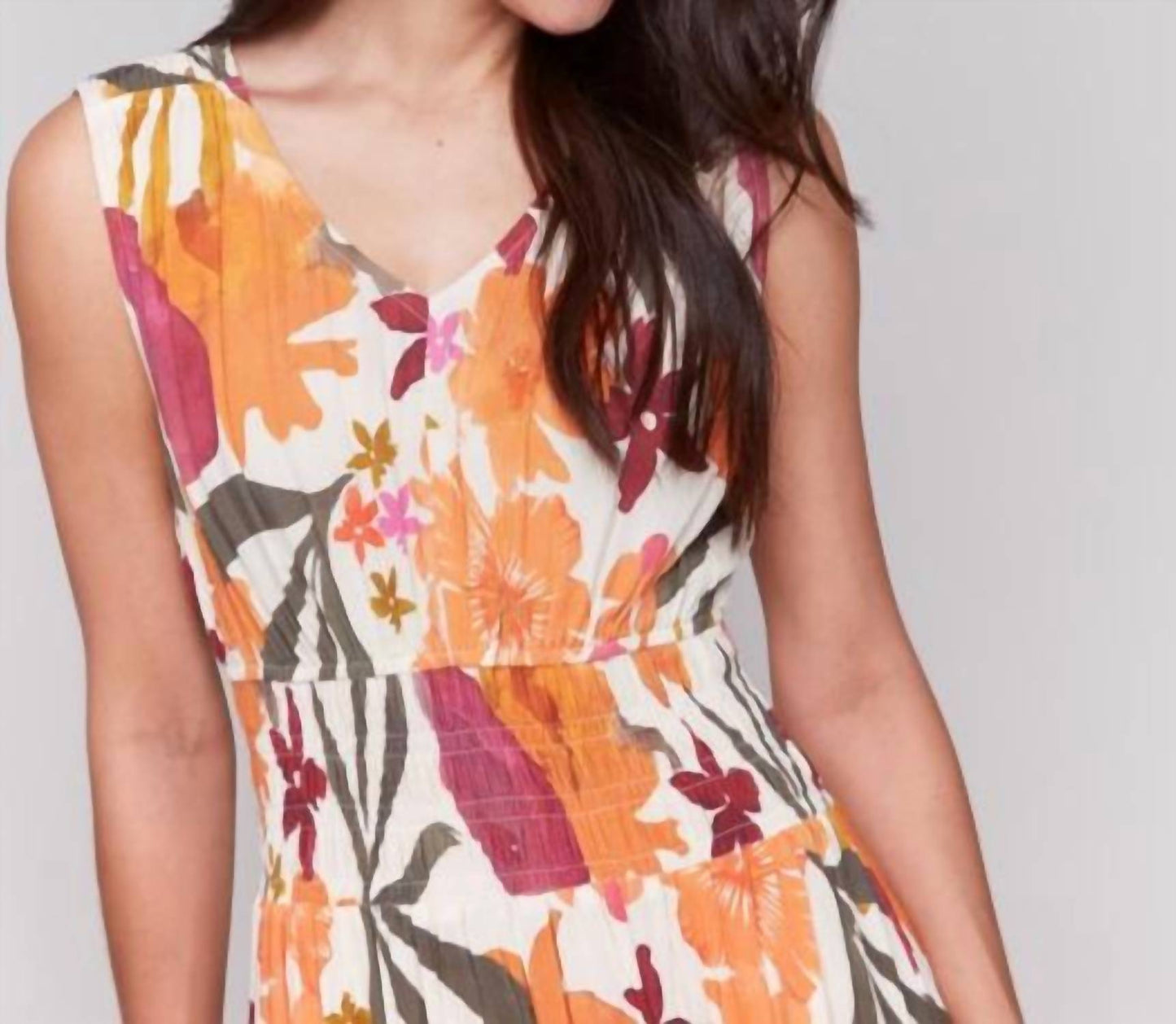 Charlie B - Printed Sleeveless V-neck Dress With Ruching At Empire Waist