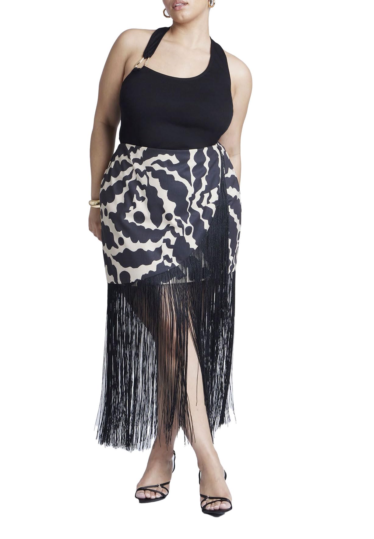 ELOQUII Women's Plus Size Wrap Front Fringe Mini Skirt - 22, Crinkle Cut Fauna