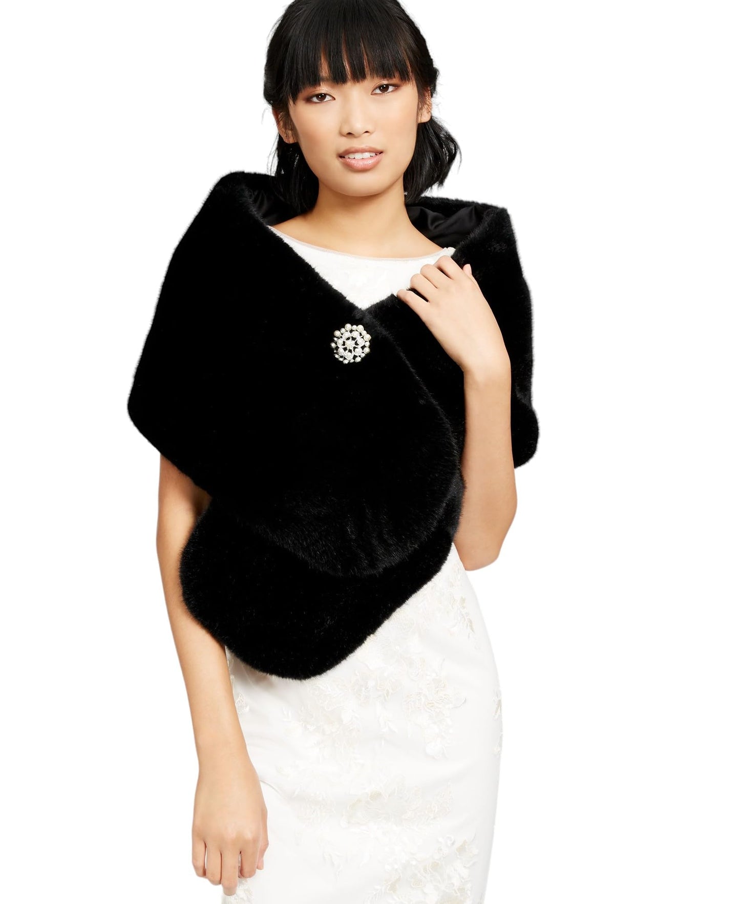 Adrianna Papell Womens Faux Fur Embellished Shawl/Wrap Black O/S