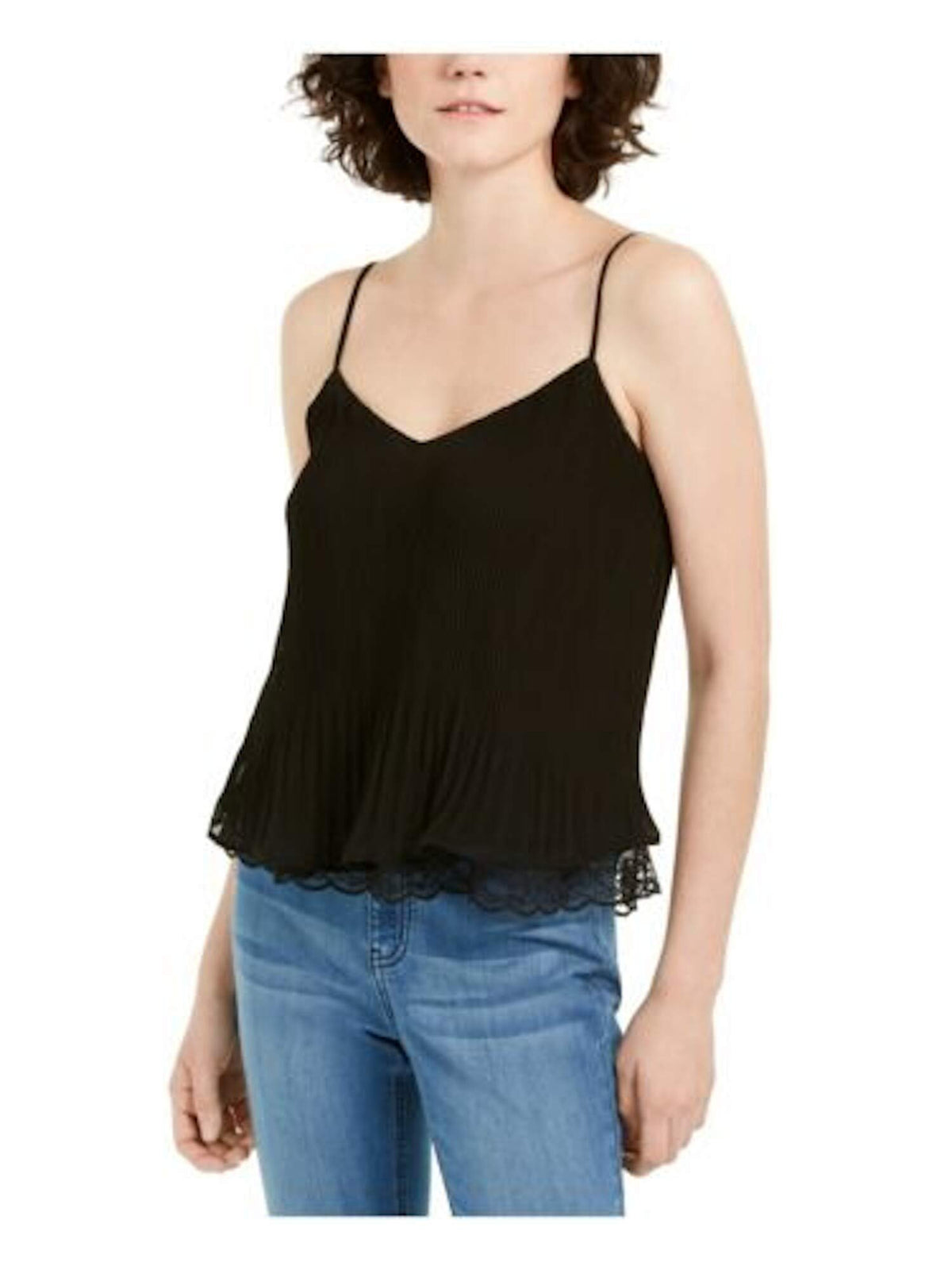 Q & A Womens Lace Inset Cropped Blouse Black S