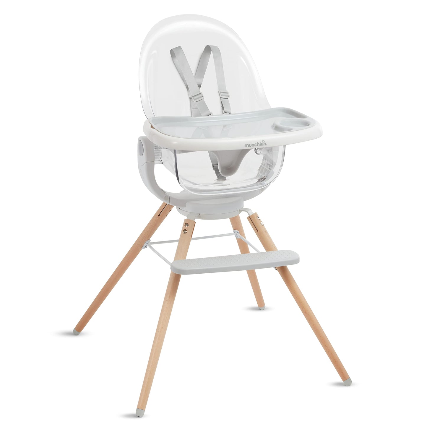Munchkin 360 Cloud™ Baby and Toddler High Chair with Clear Seat and 360 Swivel White and Grey with Wooden Legs
