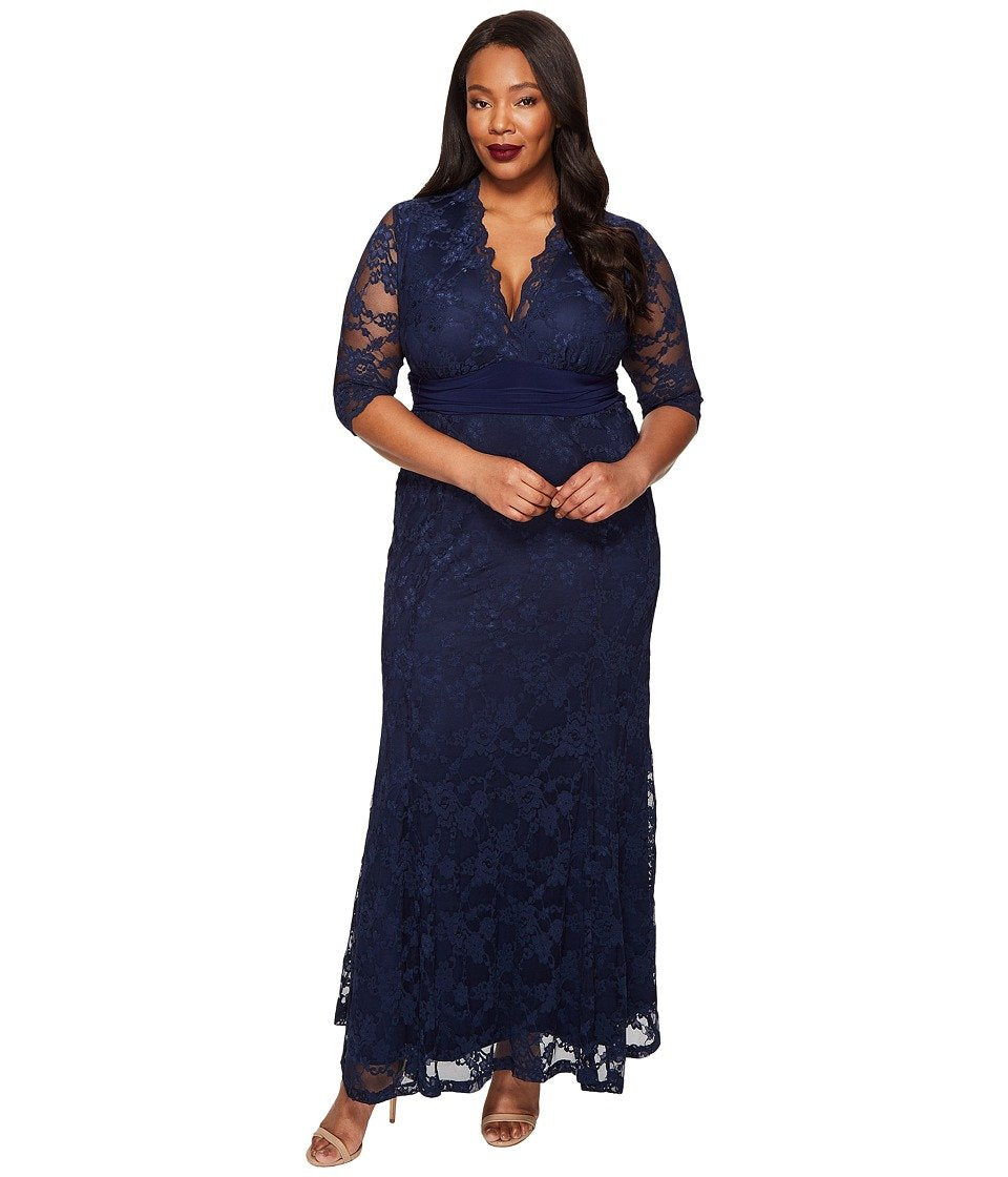 Kiyonna Womens Navy Stretch Scalloped Ruched Contrast Waistband Surplice Neckline Full-Length Evening Fit + Flare Dress Plus 1X