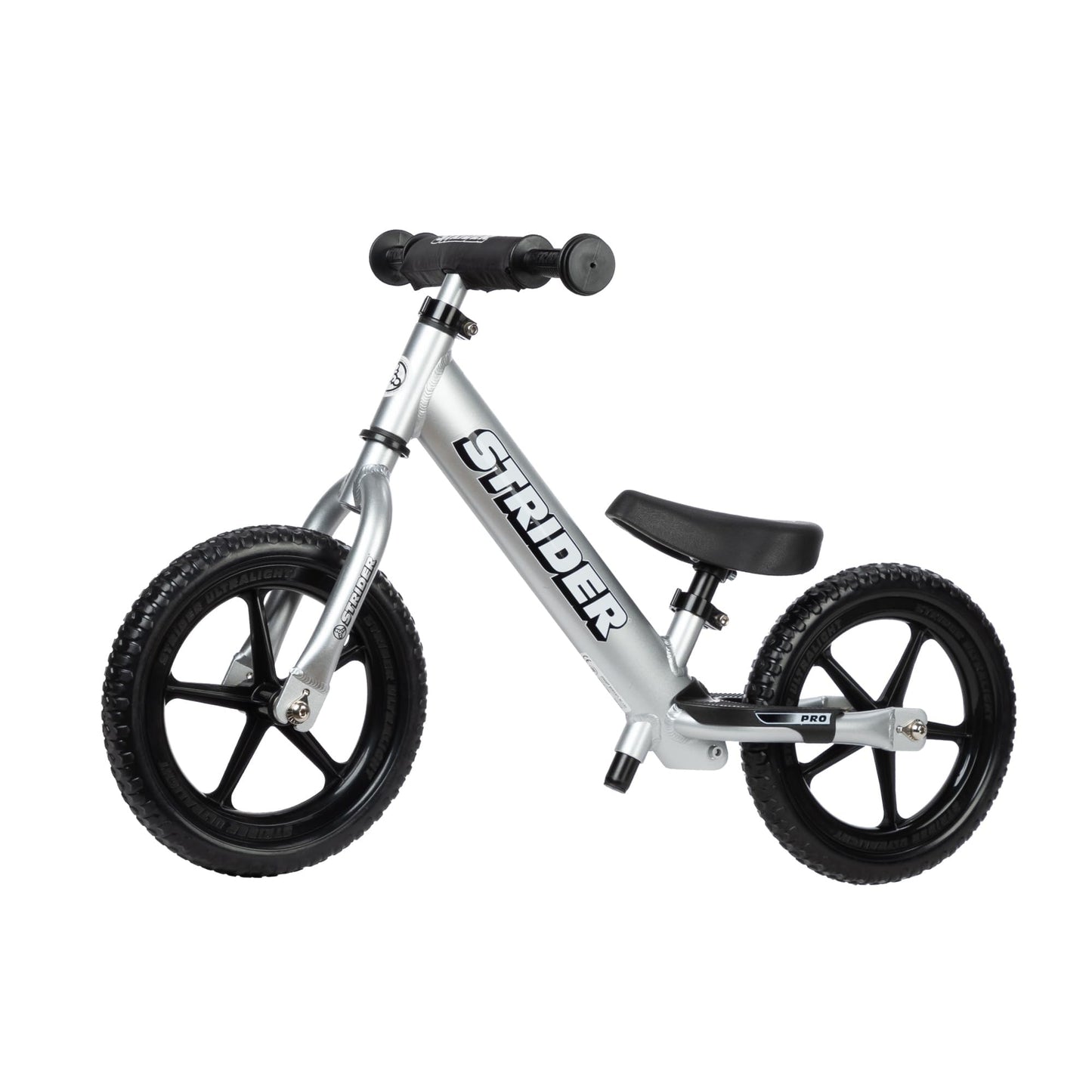 Strider 12 Pro Bike Silver  No Pedal Balance Bicycle for Kids 1 to 4 Years  Includes Safety Pad Padded Seat Mini Grips  FlatFree Tires  Tool Free