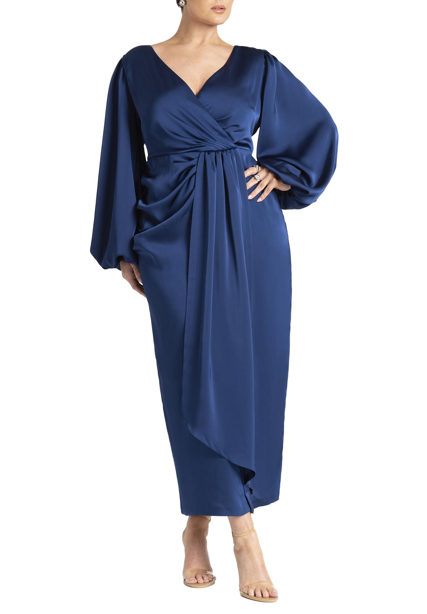 ELOQUII Women's Plus Size Satin Sleeve Pleated Dress - 24, Marine Blue