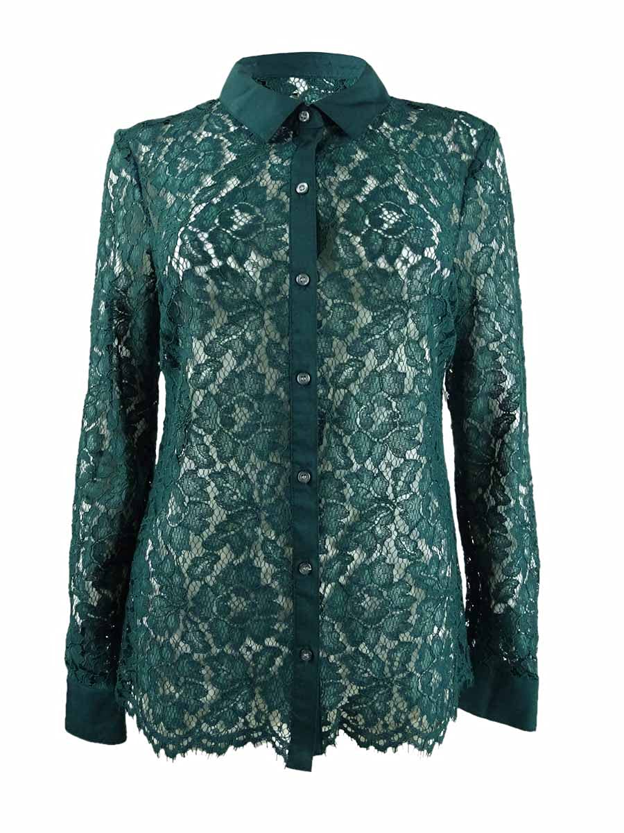 Charter Club Womens Teal Lace Solid Long Sleeve Collared Button Up Party Top Size S