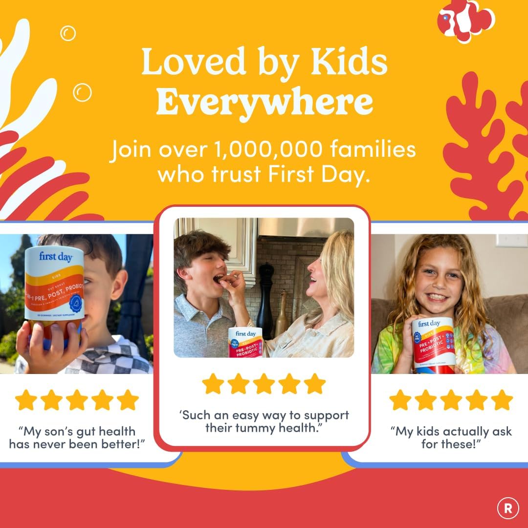 FIRST DAY Kids 3-in-1 Probiotic Gummies – Prebiotic + Probiotic + Postbiotic Supplement – Supports Digestive & Oral Health, Immune Function & Energy Levels – 30-Day Supply