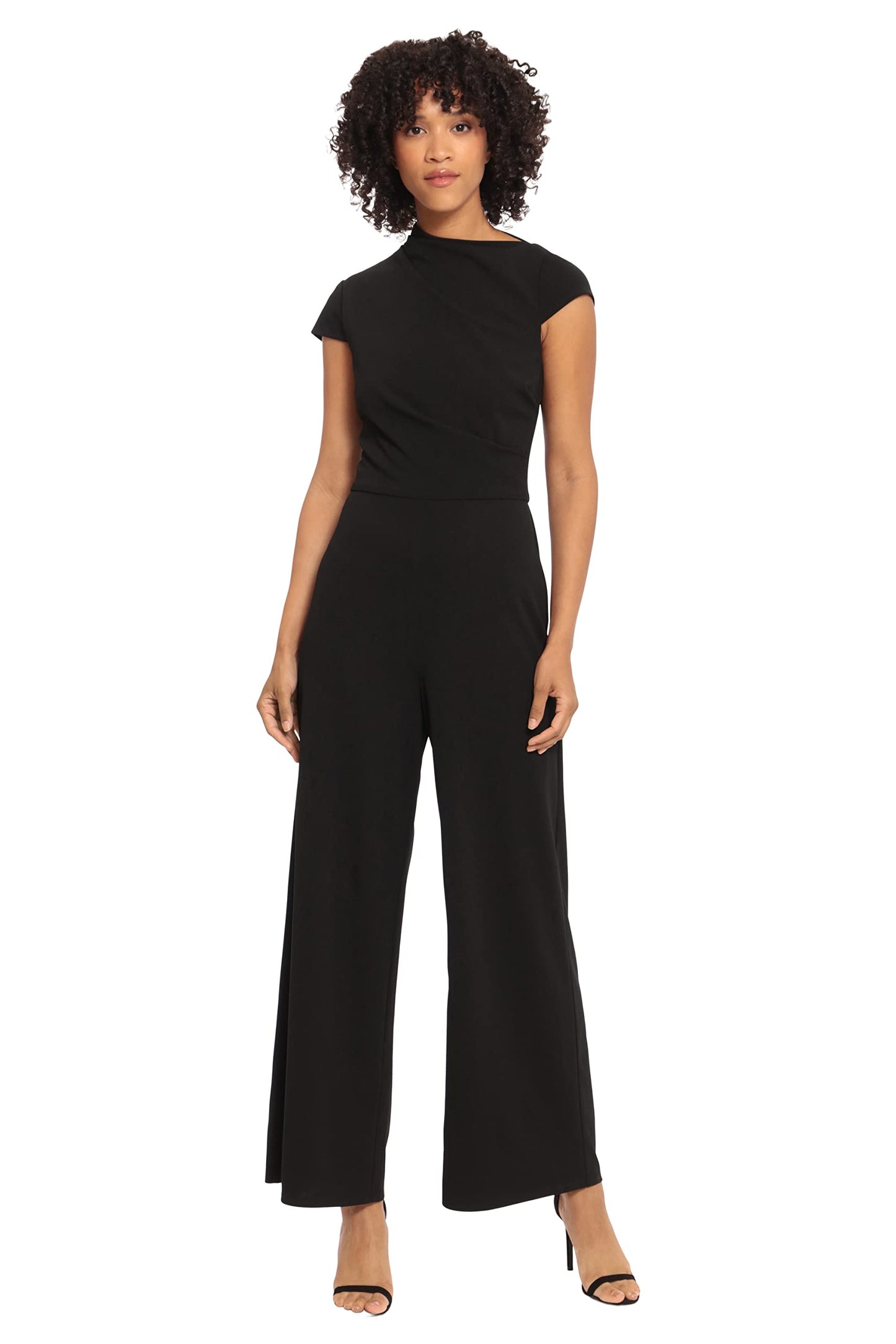 Maggy London Womens High Neck Jumpsuit Workwear Office Occasion Event Guest of Dress, Cap Sleeve Asymmetric Neck - Black, 2 US
