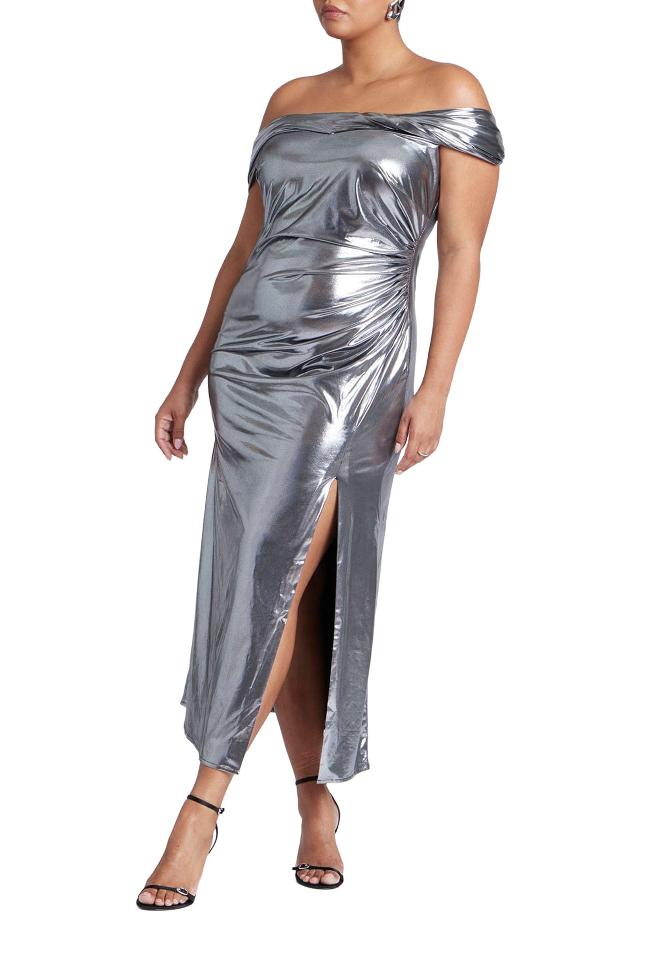 ELOQUII Women's Plus Size Twist Neck Lame Maxi Dress - 18, Gunmetal