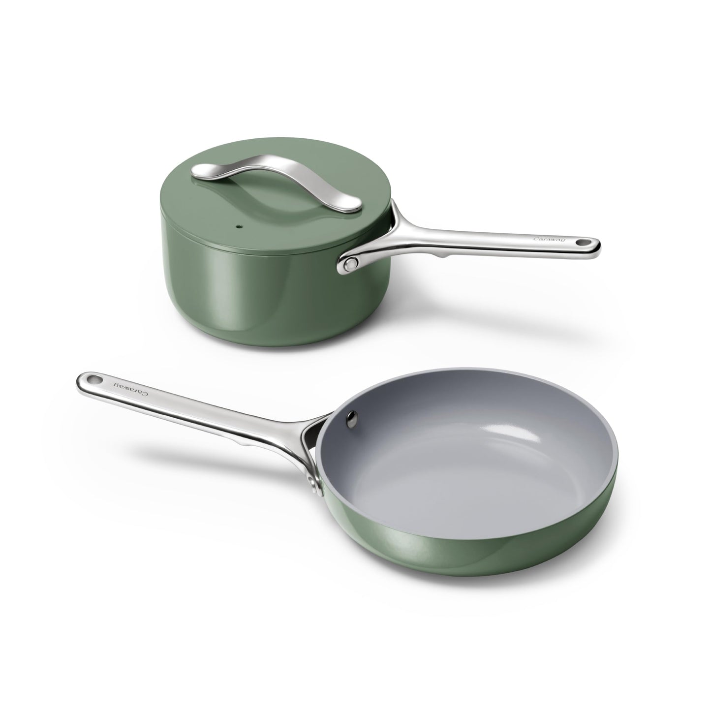 Caraway Mini Cookware Set  NonStick Ceramic Fry Pan 105 qt 8 Sauce Pan 175 qt  Storage Rack  Non Toxic PTFE  PFOA Free  Oven Safe  Stovetop Agnostic Gas Electric  Induction  Sage