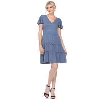 Vestido feminino de manga curta com decote em V e camadas, azul, marca branca