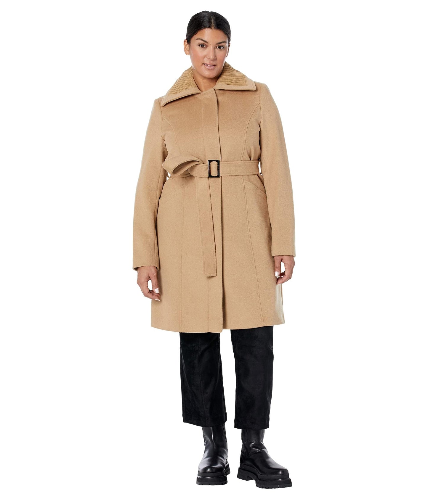 Sam Edelman Asymmetrical Trench with Knit Collar insert Camel