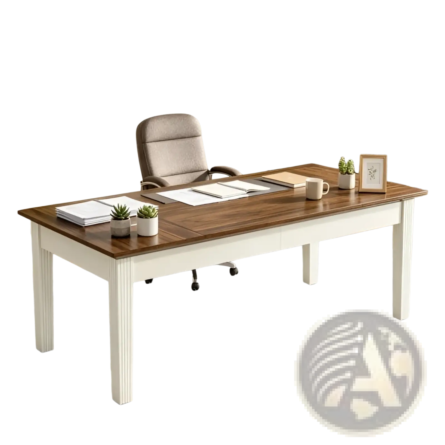 62 Inch White and Brown Wooden Executive Office Desk