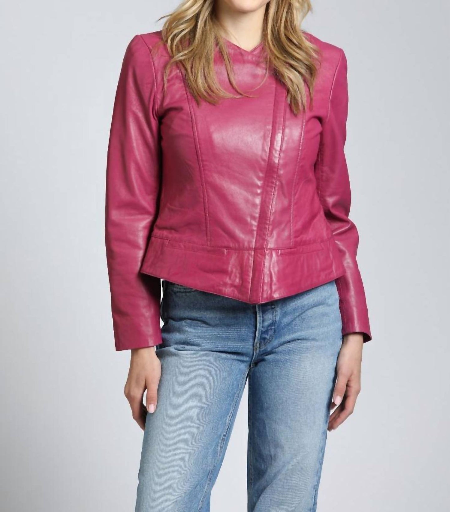 11 Uptown - Collarless Lamb Leather Zip Up Jacket