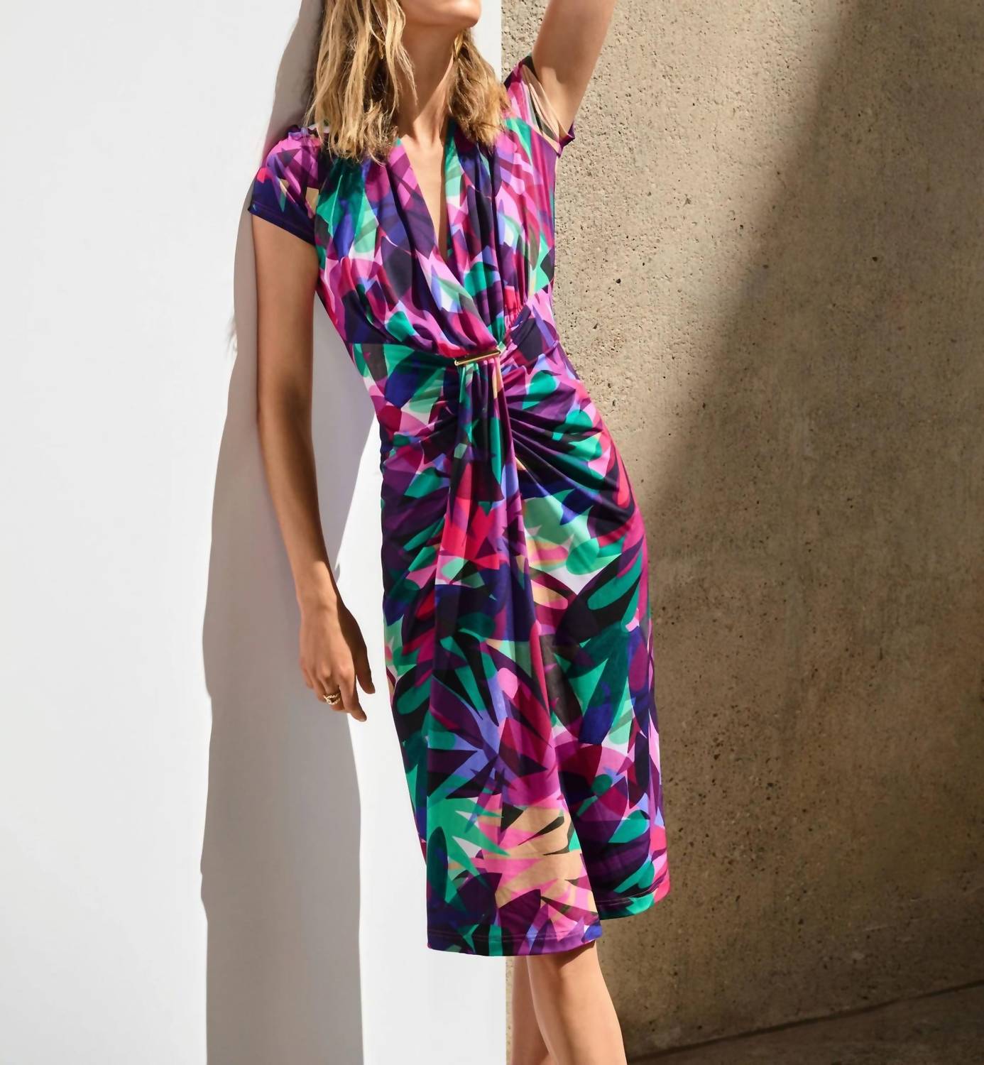 Joseph Ribkoff - Tropical Print Draped Front Midi Sheath Dress