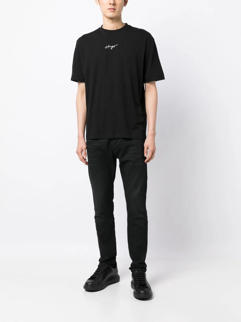 Camiseta masculina Hugo Boss Dontevideo Script Logo manga curta preta tamanho médio