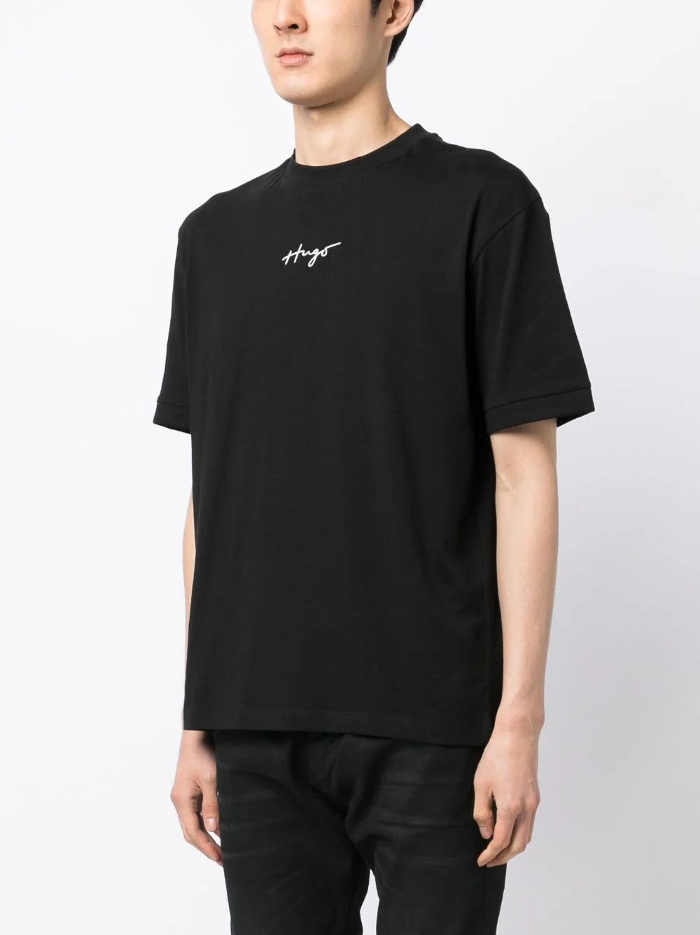 Camiseta masculina Hugo Boss Dontevideo Script Logo manga curta preta tamanho médio