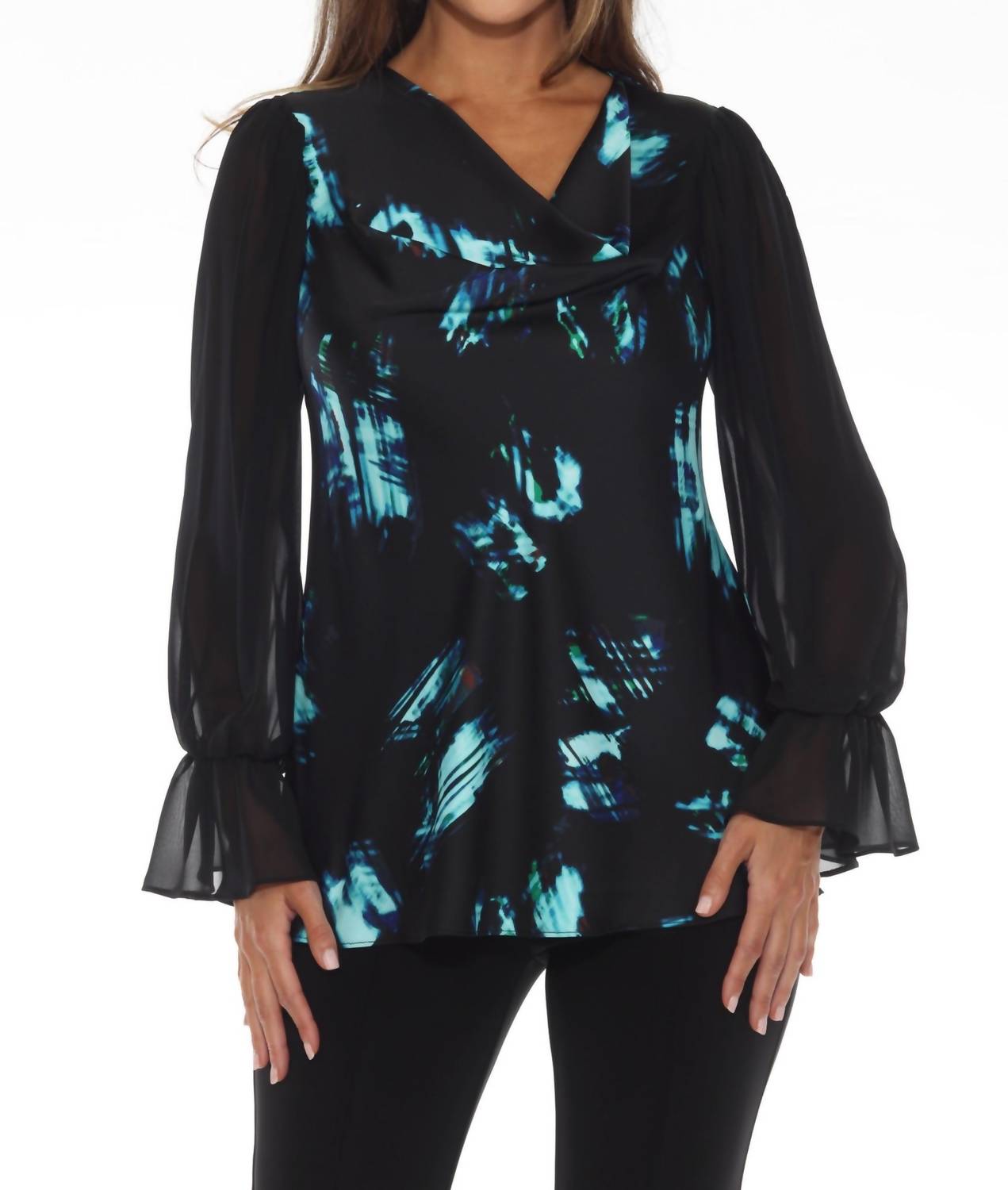 Joseph Ribkoff - Abstract Cowl Neck Chiffon Sleeve Top