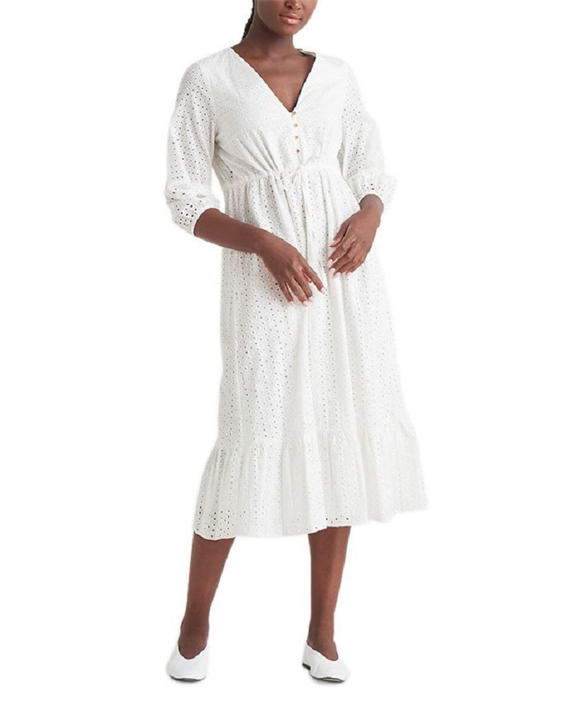 Vestido midi feminino com botões e ilhós pretos, tamanho médio, branco