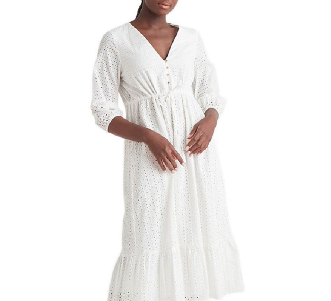 Vestido midi feminino com botões e ilhós pretos, tamanho médio, branco