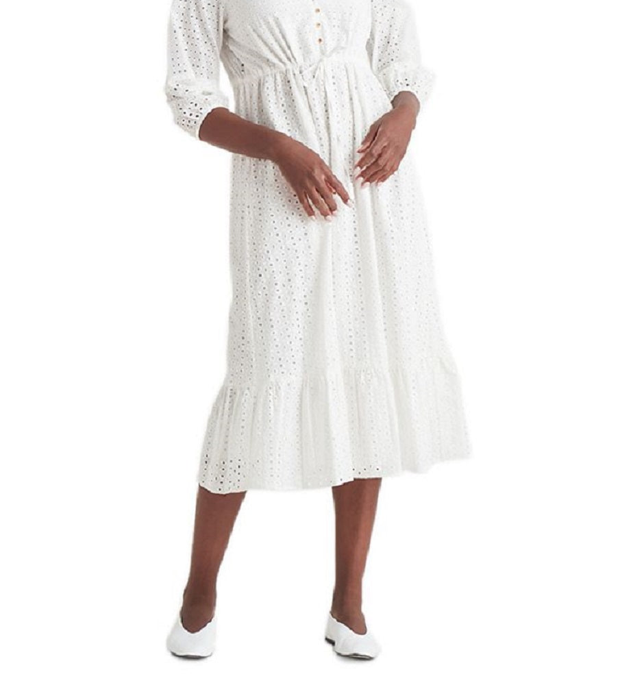 Vestido midi feminino com botões e ilhós pretos, tamanho médio, branco