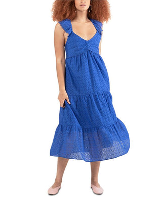 Black Tape Women's Cotton Tiered Eyelet Dress Blue Size Medium