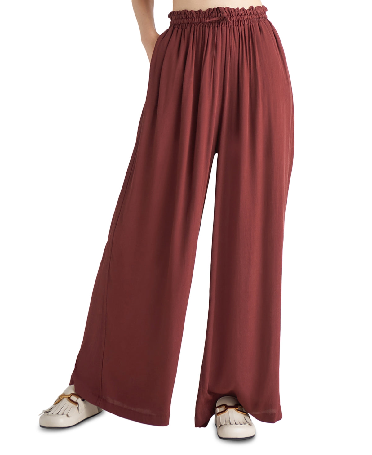 Calça feminina de perna larga com fita preta, vermelha, tamanho M