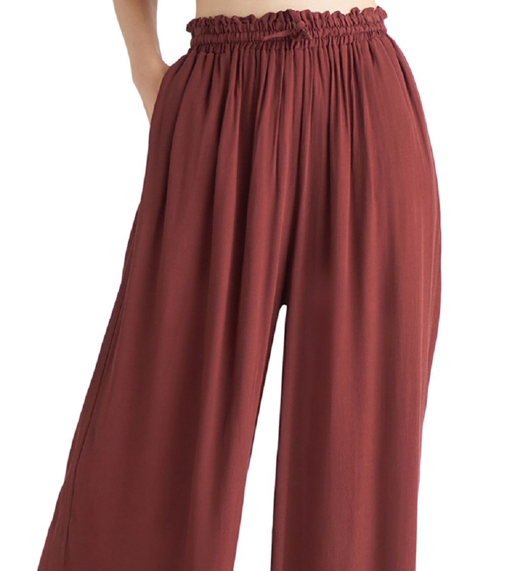Calça feminina de perna larga com fita preta, vermelha, tamanho M