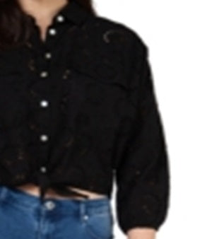 Blusa feminina de crochê de algodão com amarração frontal, preta, tamanho médio