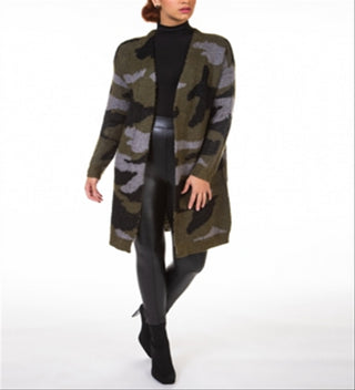 Cardigan feminino com estampa contrastante e fita preta, tamanho médio, verde