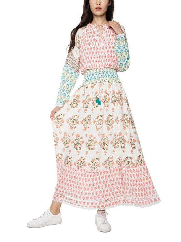 Vestido longo feminino com estampa mista e cintura franzida, tamanho médio, preto