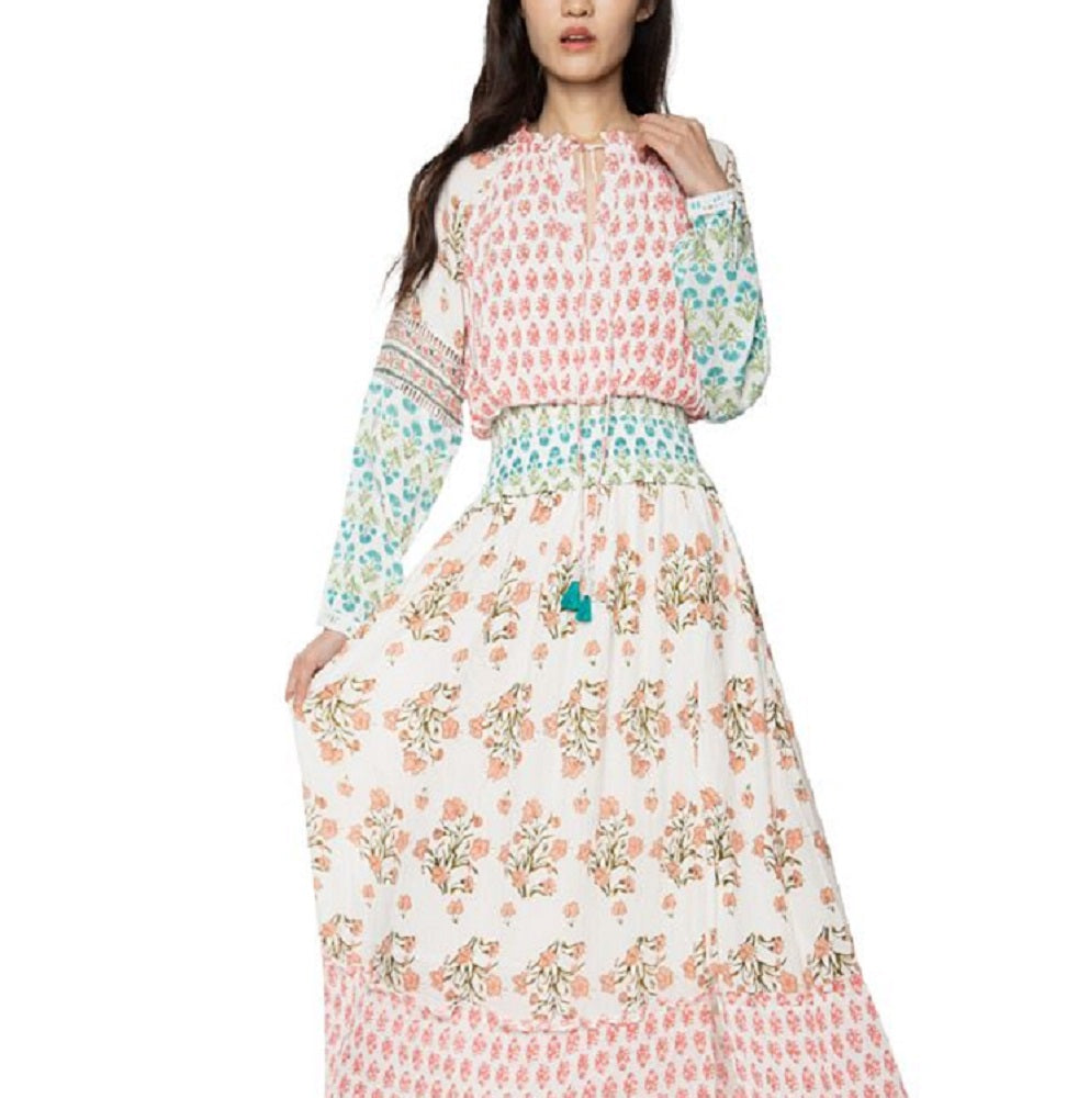 Vestido longo feminino com estampa mista e cintura franzida, tamanho médio, preto