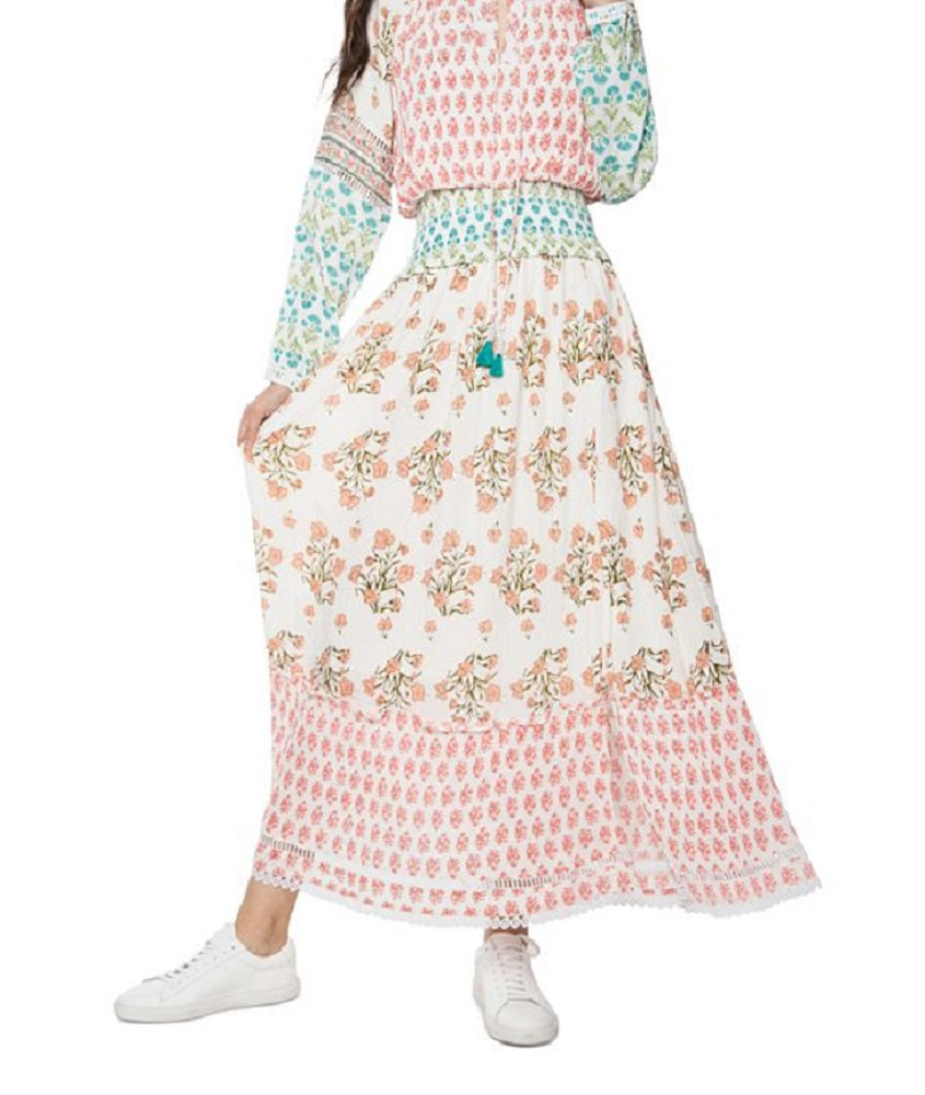 Vestido longo feminino com estampa mista e cintura franzida, tamanho médio, preto