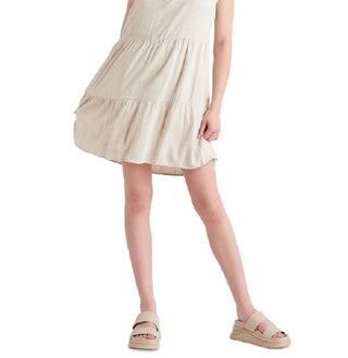 Vestido curto feminino com mangas esvoaçantes e fita preta, tamanho pequeno, branco