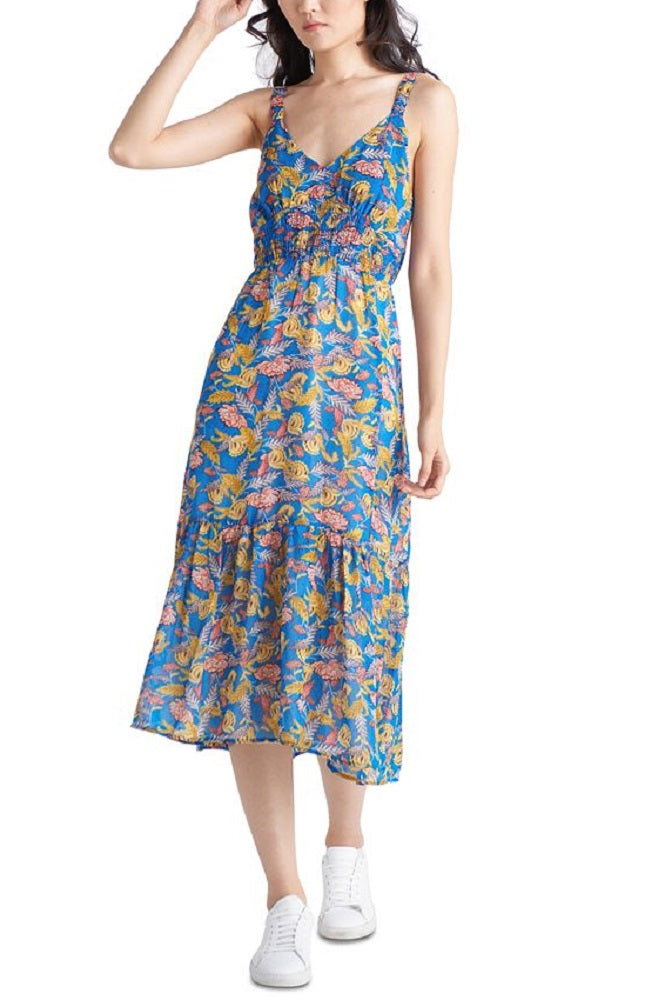Vestido feminino evasê floral em camadas da Black Tape, azul, tamanho médio